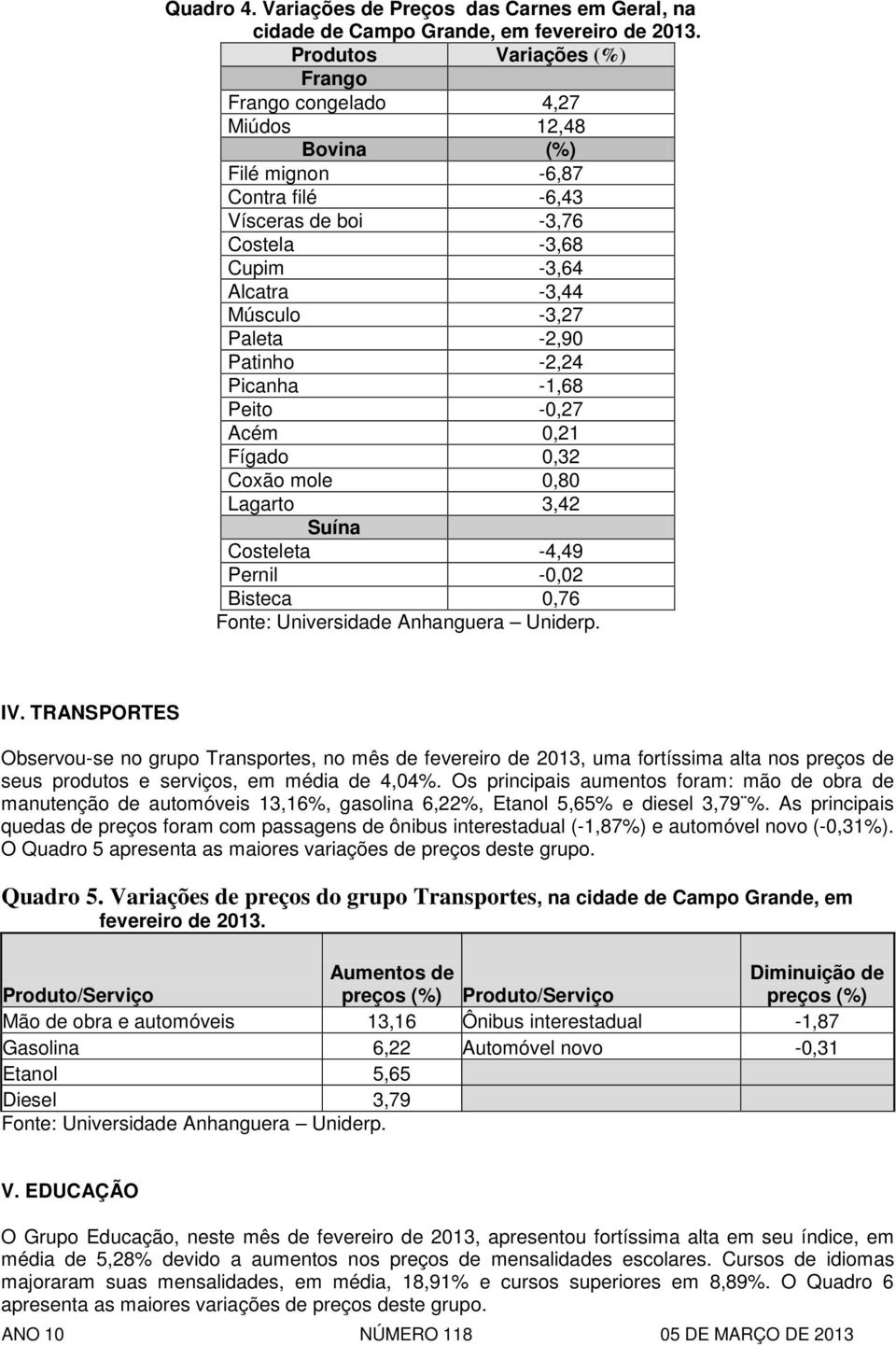 Patinho -2,24 Picanha -1,68 Peito -0,27 Acém 0,21 Fígado 0,32 Coxão mole 0,80 Lagarto 3,42 Suína Costeleta -4,49 Pernil -0,02 Bisteca 0,76 IV.