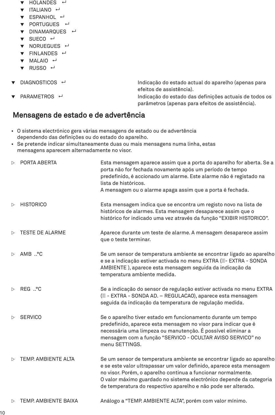 Mensagens de estado e de advertência O sistema electrónico gera várias mensagens de estado ou de advertência dependendo das definições ou do estado do aparelho.