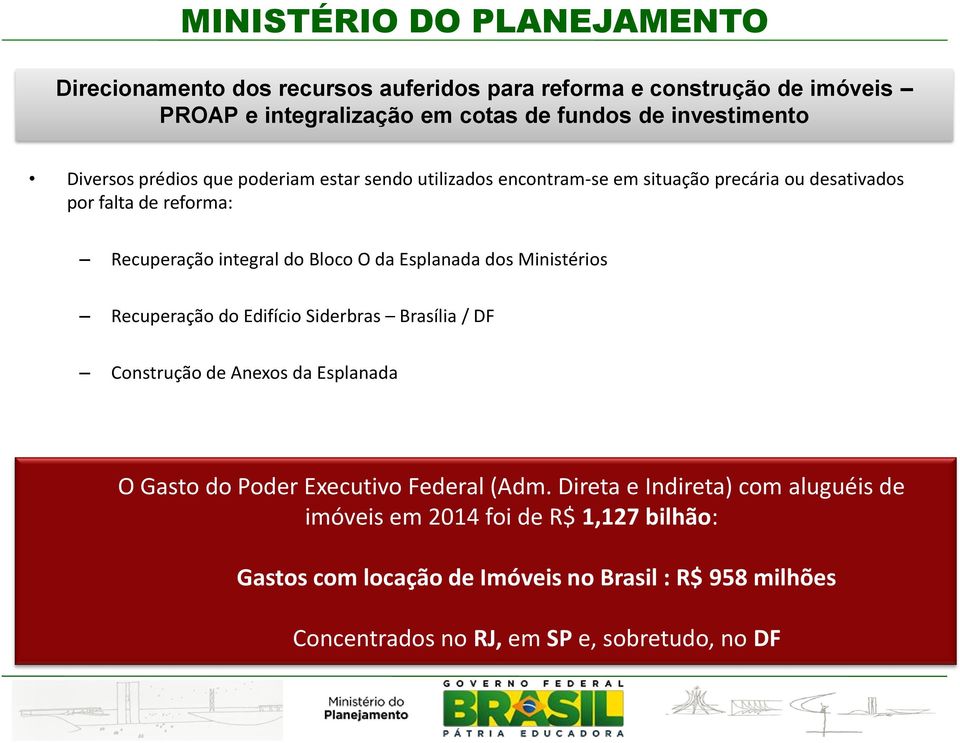 Ministérios Recuperação do Edifício Siderbras Brasília / DF Construção de Anexos da Esplanada O Gasto do Poder Executivo Federal (Adm.