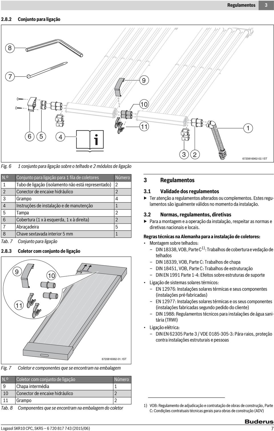 Cobertura ( x à esquerda, x à direita) 7 Abraçadeira 5 8 Chave sextavada interior 5 mm Tab. 7 Conjunto para ligação.8.3 Coletor com conjunto de ligação 9 0 3 Regulamentos 3.