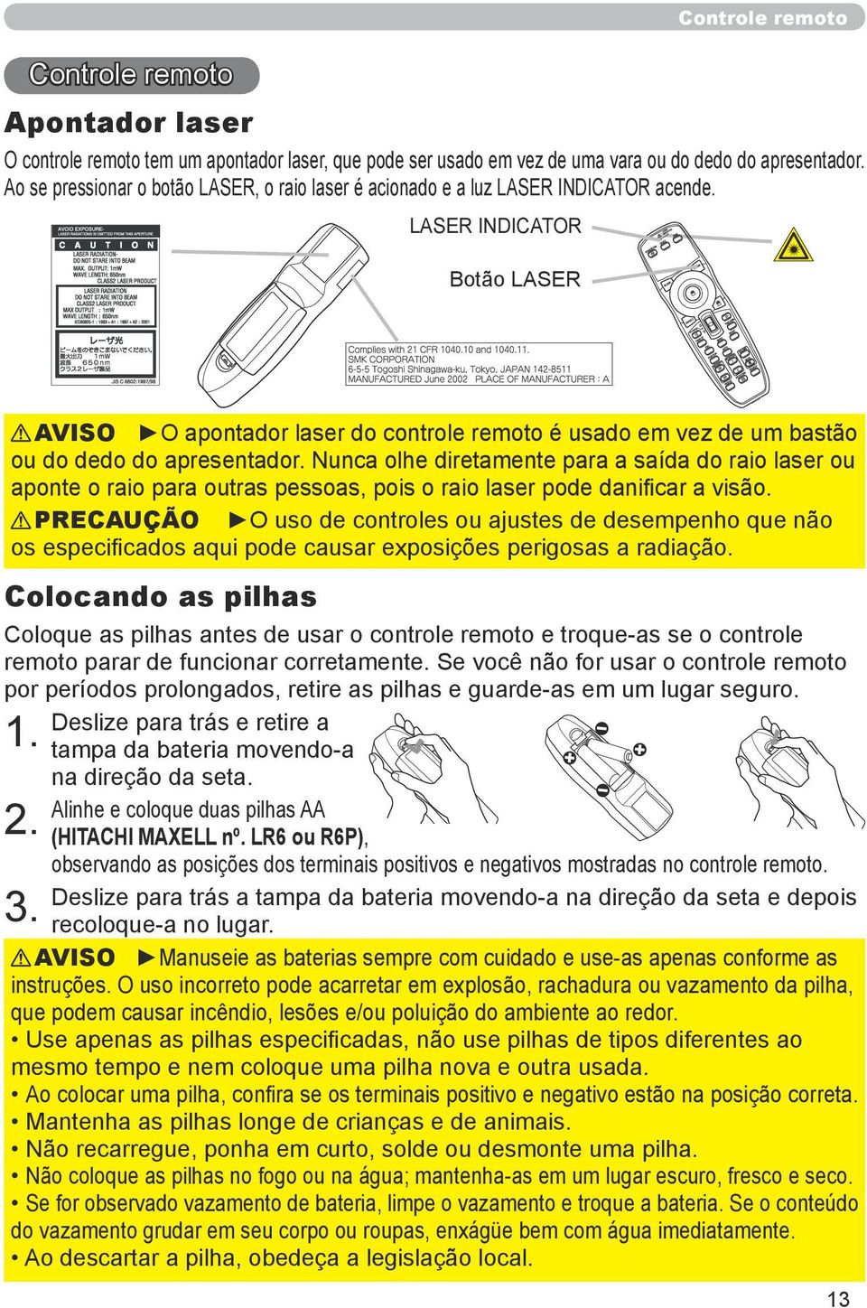 LASER INDICATOR Botão LASER AVISO O apontador laser do controle remoto é usado em vez de um bastão ou do dedo do apresentador.