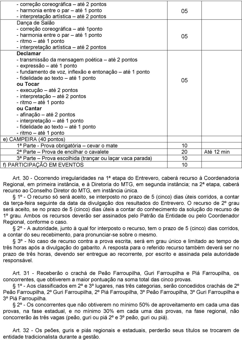 fidelidade ao texto até 1 ponto 05 ou Tocar - execução até 2 pontos - interpretação até 2 pontos - ritmo até 1 ponto ou Cantar - afinação até 2 pontos - interpretação até 1 ponto - fidelidade ao