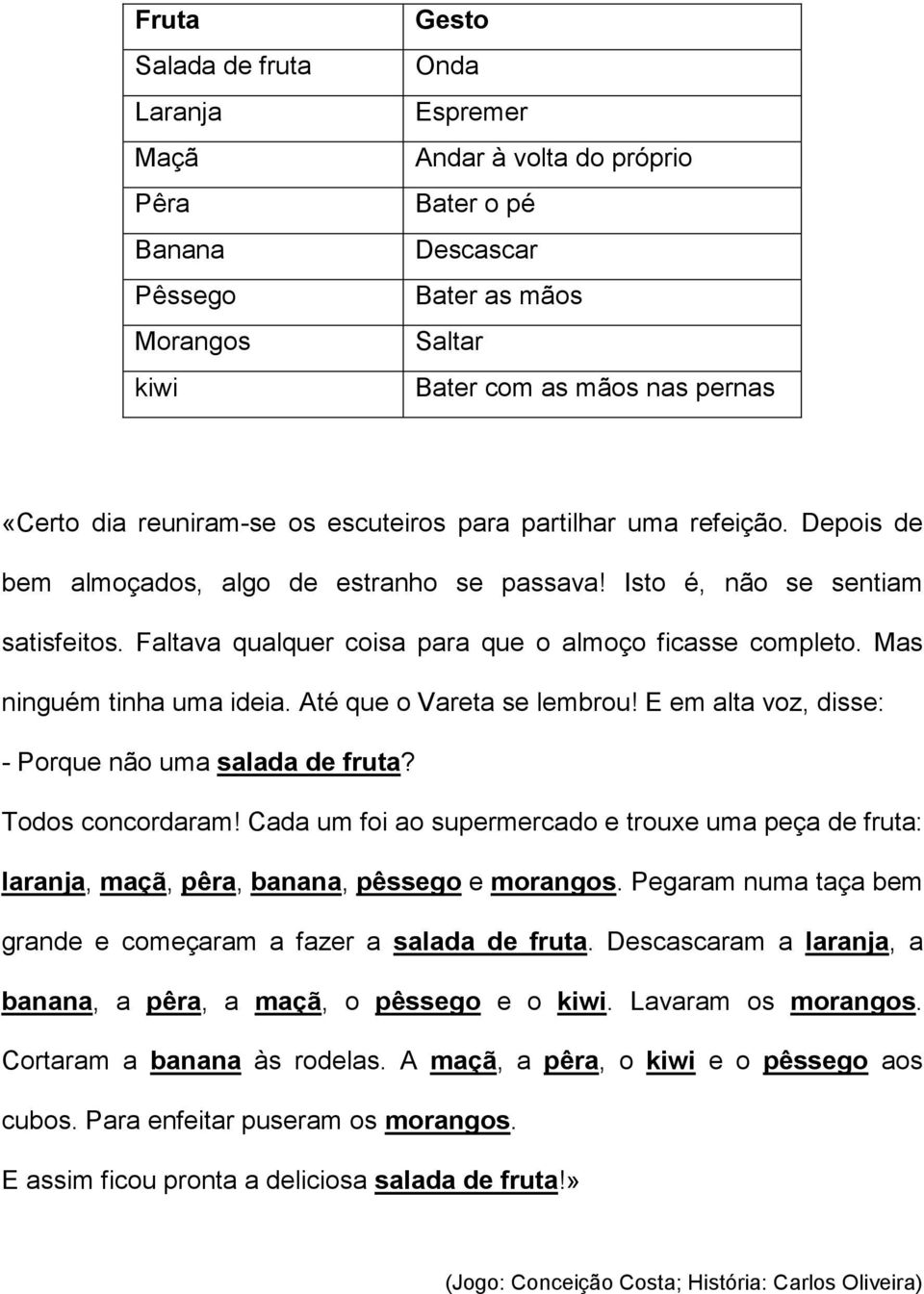 Faltava qualquer coisa para que o almoço ficasse completo. Mas ninguém tinha uma ideia. Até que o Vareta se lembrou! E em alta voz, disse: - Porque não uma salada de fruta? Todos concordaram!