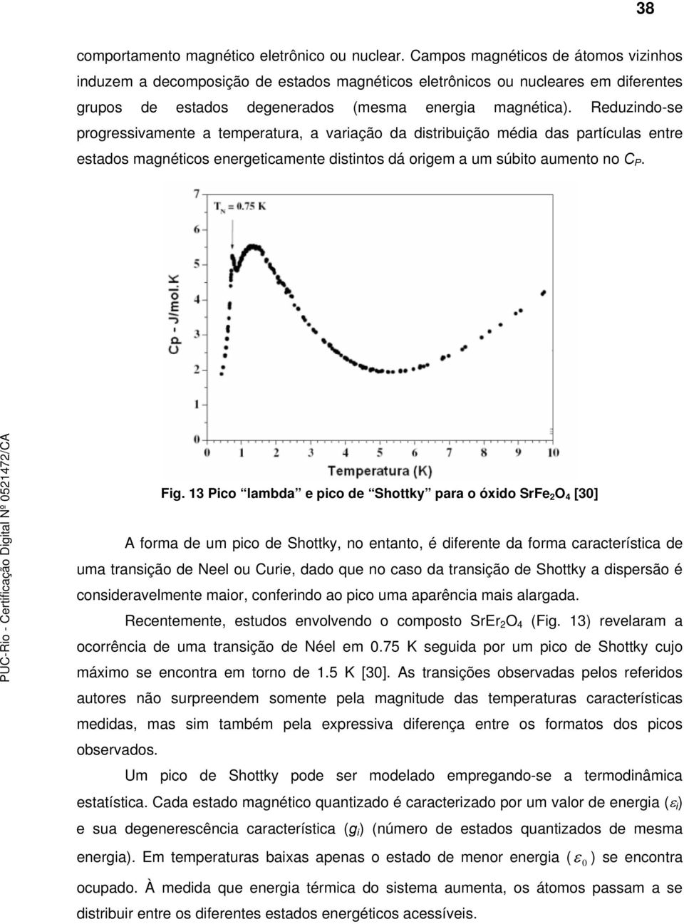 Reduzindo-se progressivamente a temperatura, a variação da distribuição média das partíulas entre estados magnétios energetiamente distintos dá origem a um súbito aumento no C P. Fig.