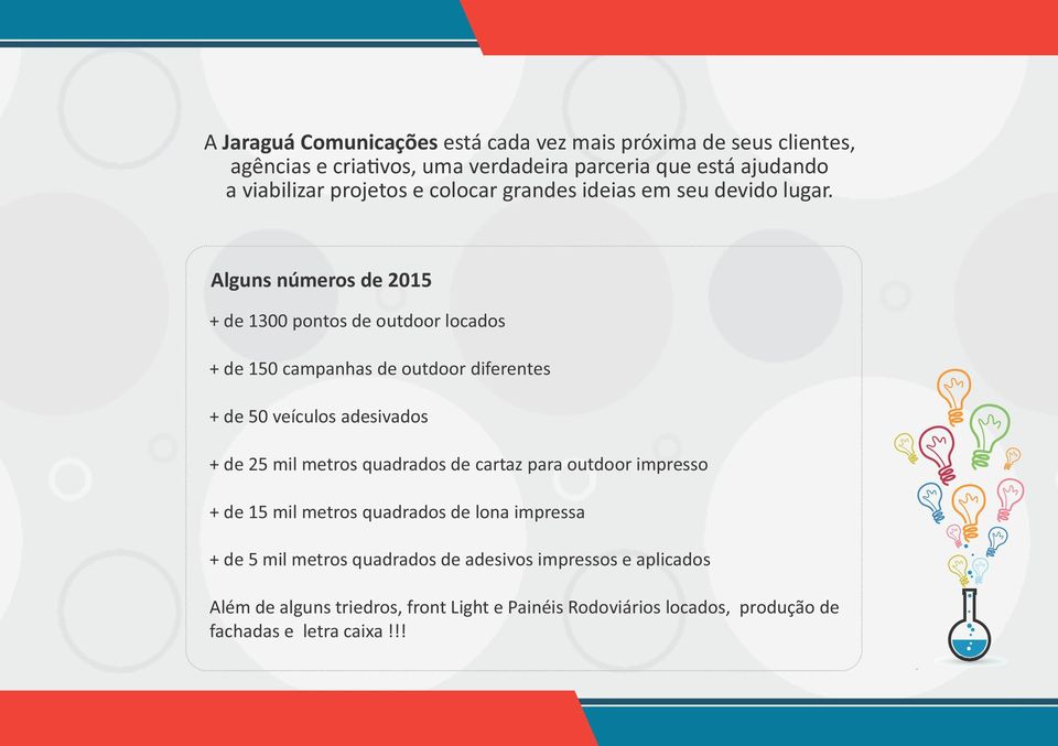 Alguns números de 2015 + de 1300 pontos de outdoor locados + de 150 campanhas de outdoor diferentes + de 50 veículos adesivados + de 25 mil metros