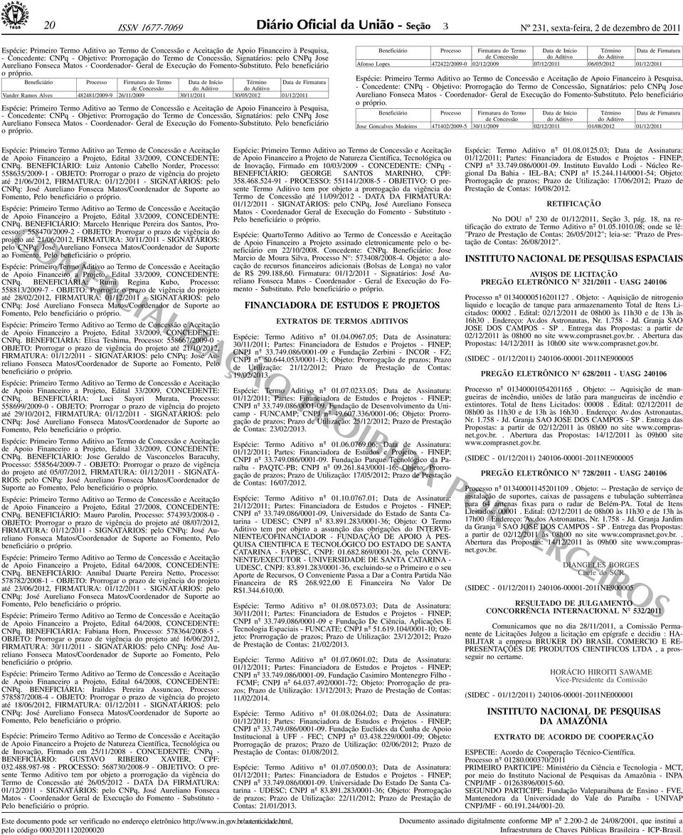 Beneficiário Processo Firmatura do Termo Data de Início Término Data de Firmatura de Concessão do Aditivo do Aditivo Vander Ramos Alves 482481/2009-9 26 / 11 / 2009 0 / 11 / 2011 0/05/2012 01 / 12 /
