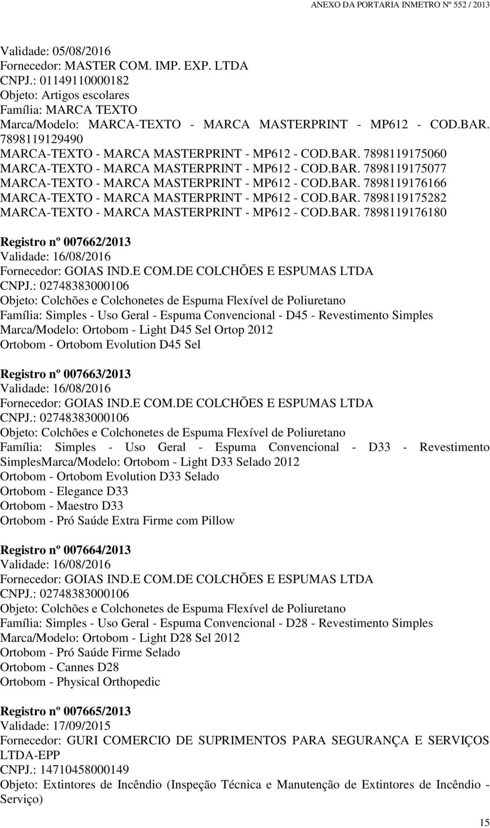 BAR. 7898119175282 MARCA-TEXTO - MARCA MASTERPRINT - MP612 - COD.BAR. 7898119176180 Registro nº 007662/2013 Validade: 16/08/2016 Fornecedor: GOIAS IND.E COM.DE COLCHÕES E ESPUMAS LTDA CNPJ.