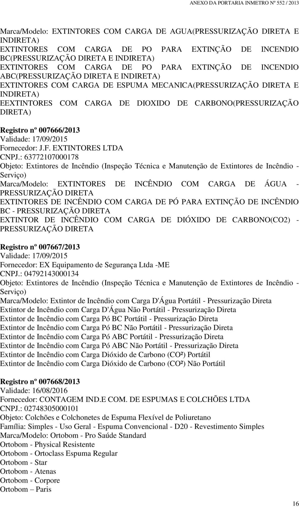 Registro nº 007666/2013 Validade: 17/09/2015 Fornecedor: J.F. EXTINTORES LTDA CNPJ.