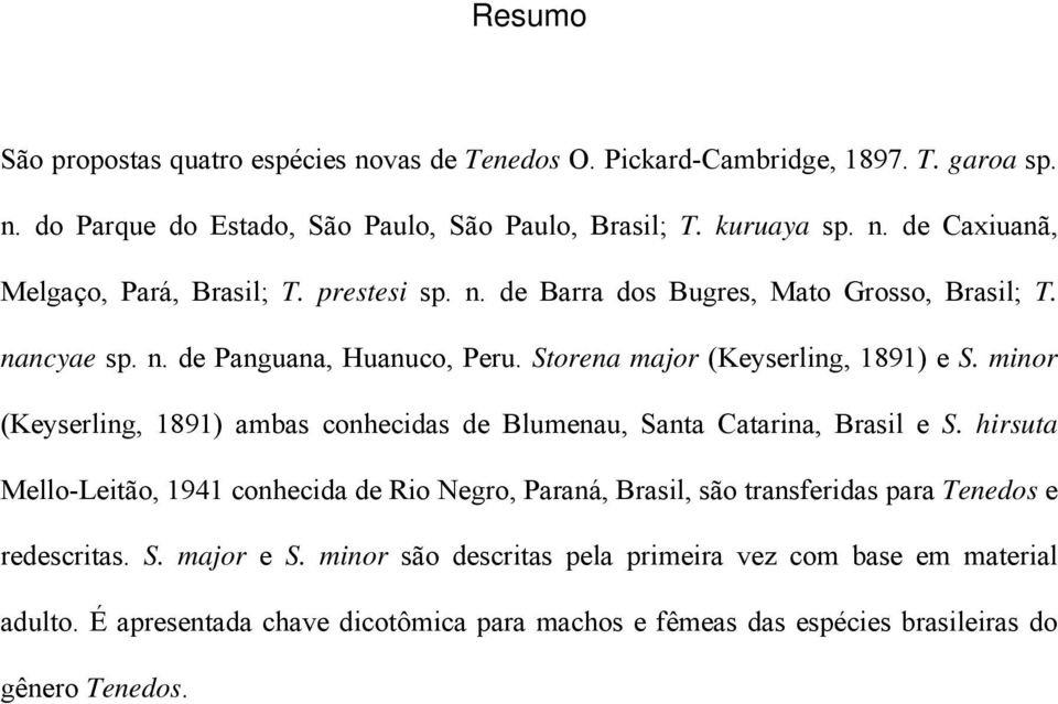 minor (Keyserling, 1891) ambas conhecidas de Blumenau, Santa Catarina, Brasil e S.