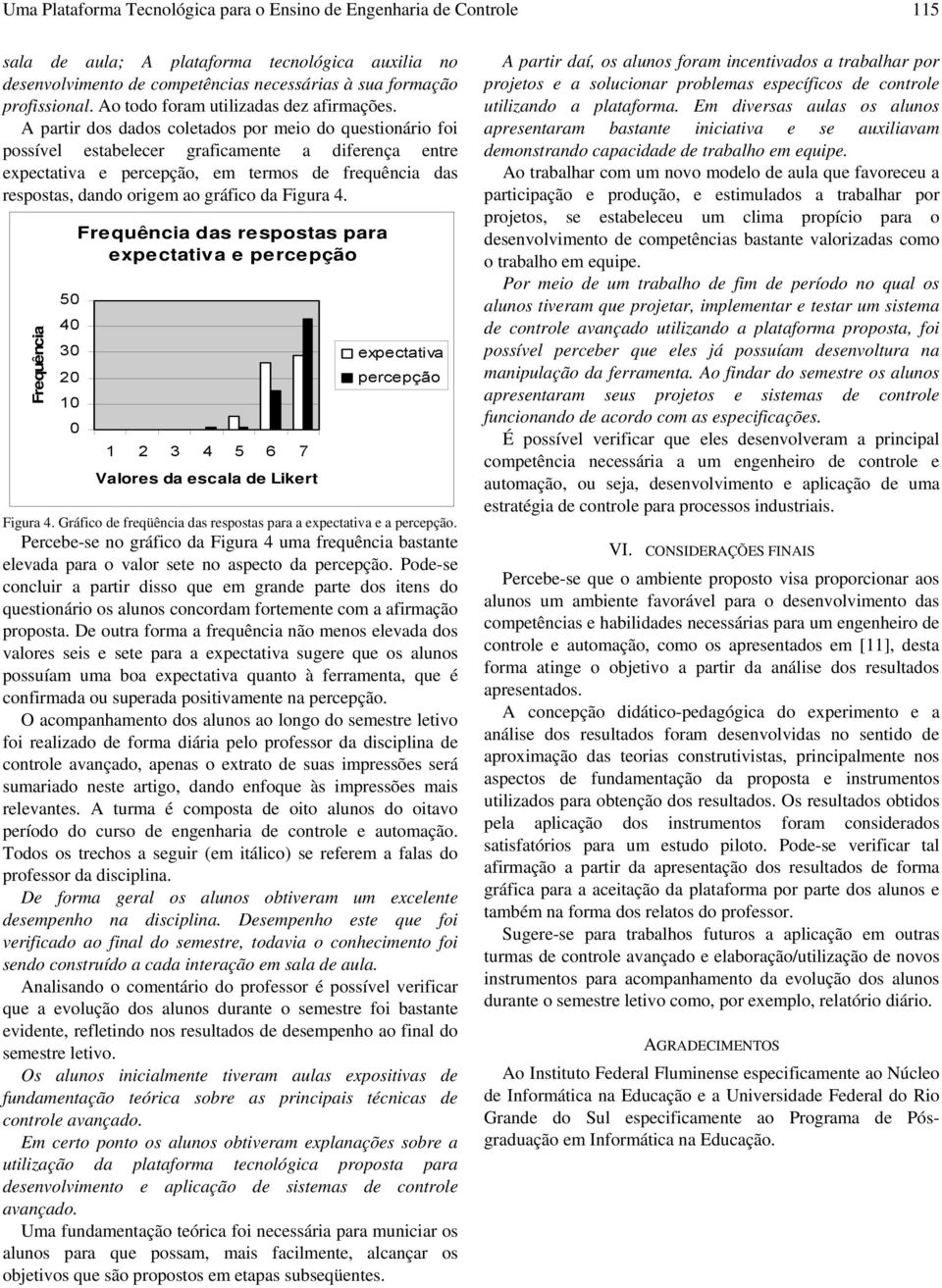 A partir dos dados coletados por meio do questionário foi possível estabelecer graficamente a diferença entre expectativa e percepção, em termos de frequência das respostas, dando origem ao gráfico