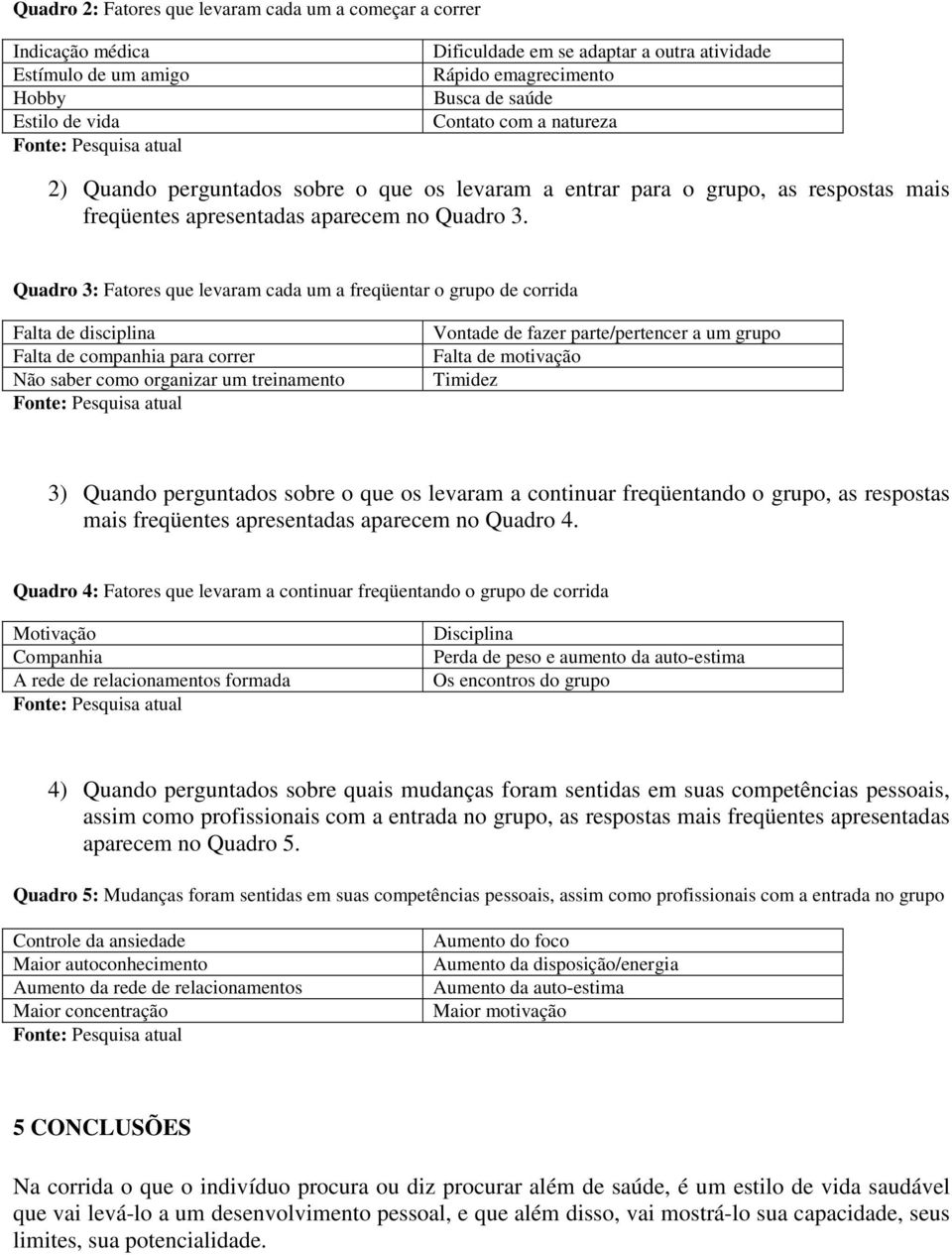 Quadro 3: Fatores que levaram cada um a freqüentar o grupo de corrida Falta de disciplina Falta de companhia para correr Não saber como organizar um treinamento Fonte: Pesquisa atual Vontade de fazer