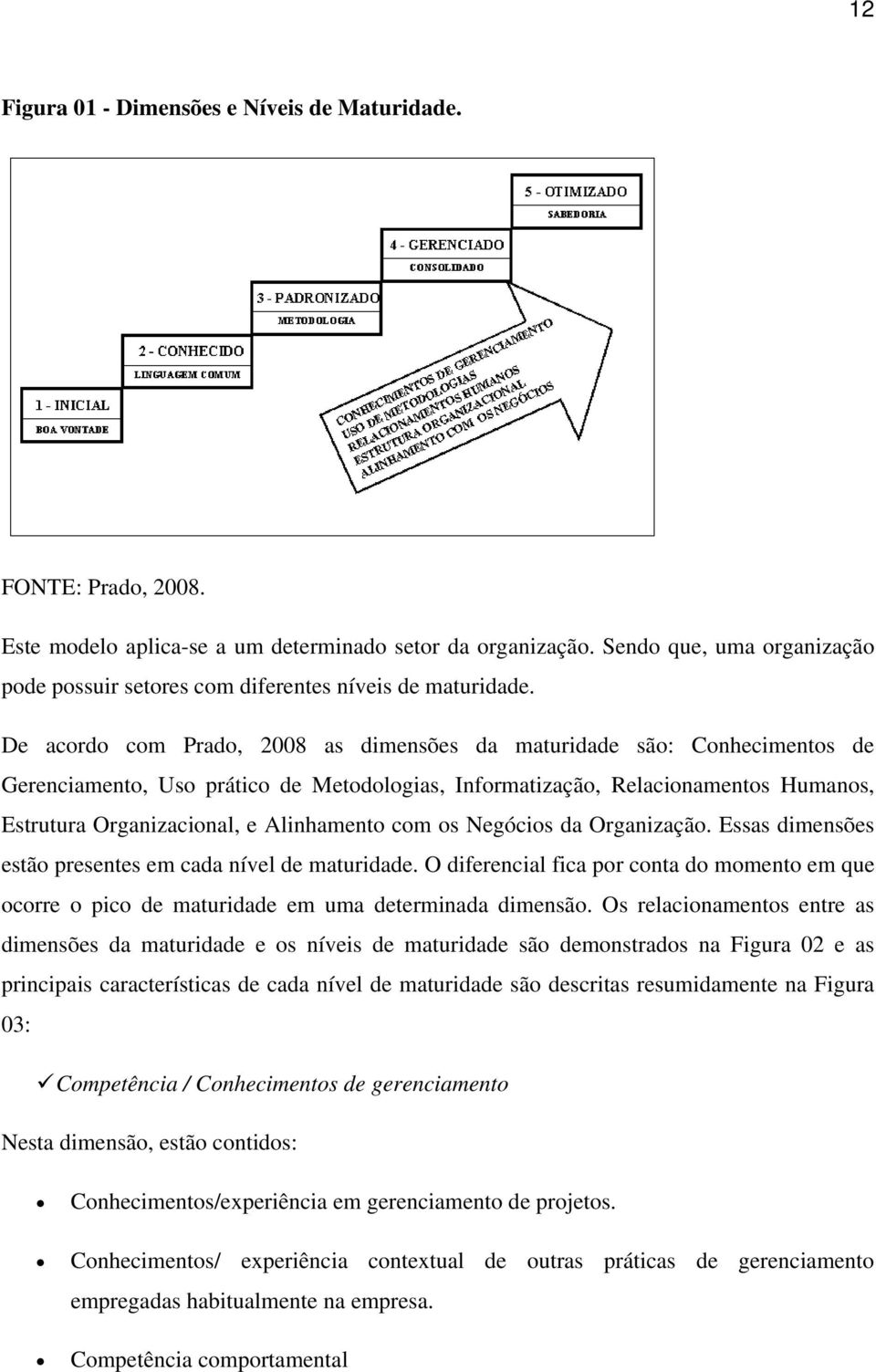 De acordo com Prado, 2008 as dimensões da maturidade são: Conhecimentos de Gerenciamento, Uso prático de Metodologias, Informatização, Relacionamentos Humanos, Estrutura Organizacional, e Alinhamento