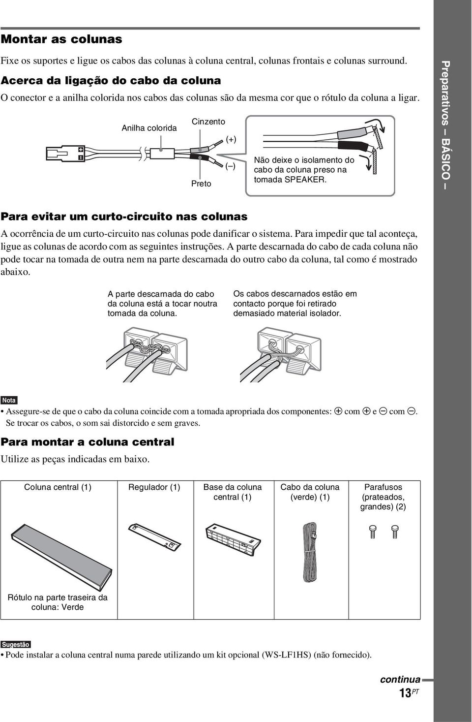 Anilha colorida Cinzento Preto (+) ( ) Não deixe o isolamento do cabo da coluna preso na tomada SPEAKER.