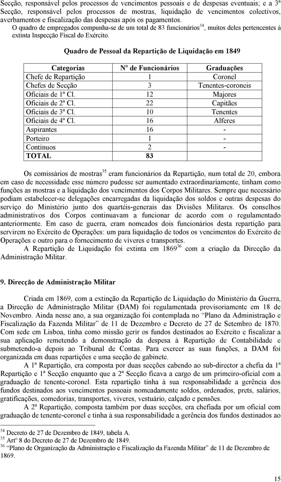 Quadro de Pessoal da Repartição de Liquidação em 1849 Categorias Nº de Funcionários Graduações Chefe de Repartição 1 Coronel Chefes de Secção 3 Tenentes-coroneis Oficiais de 1ª Cl.