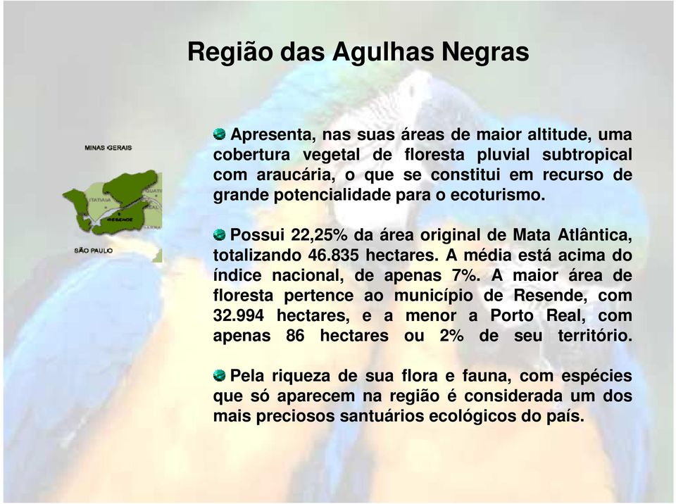 A média está acima do índice nacional, de apenas 7%. A maior área de floresta pertence ao município de Resende, com 32.