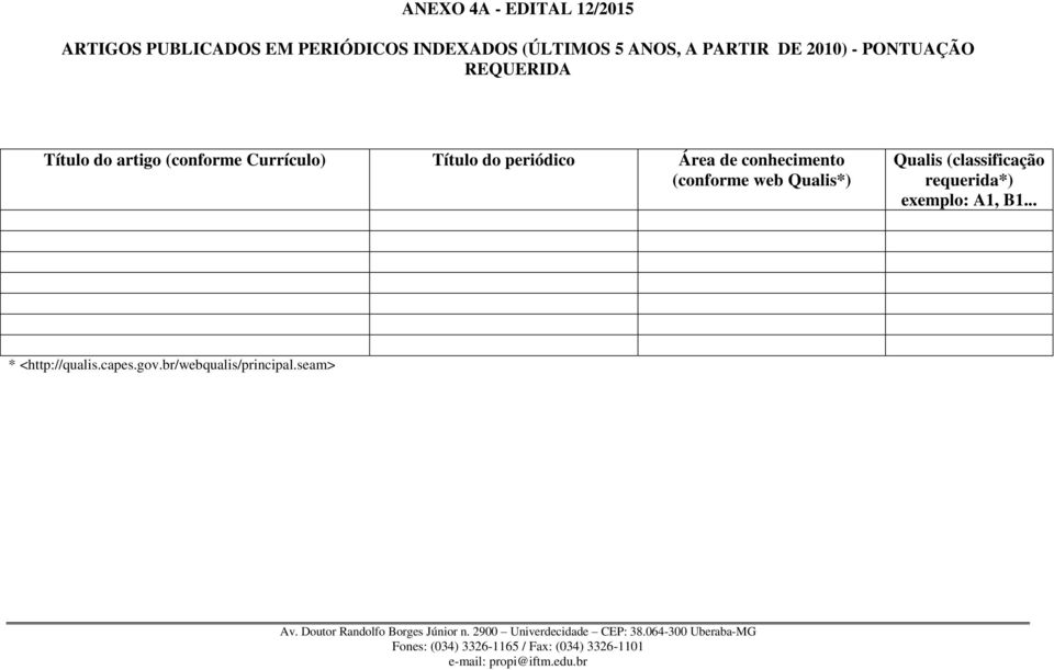 Título do periódico Área de conhecimento (conforme web Qualis*) Qualis