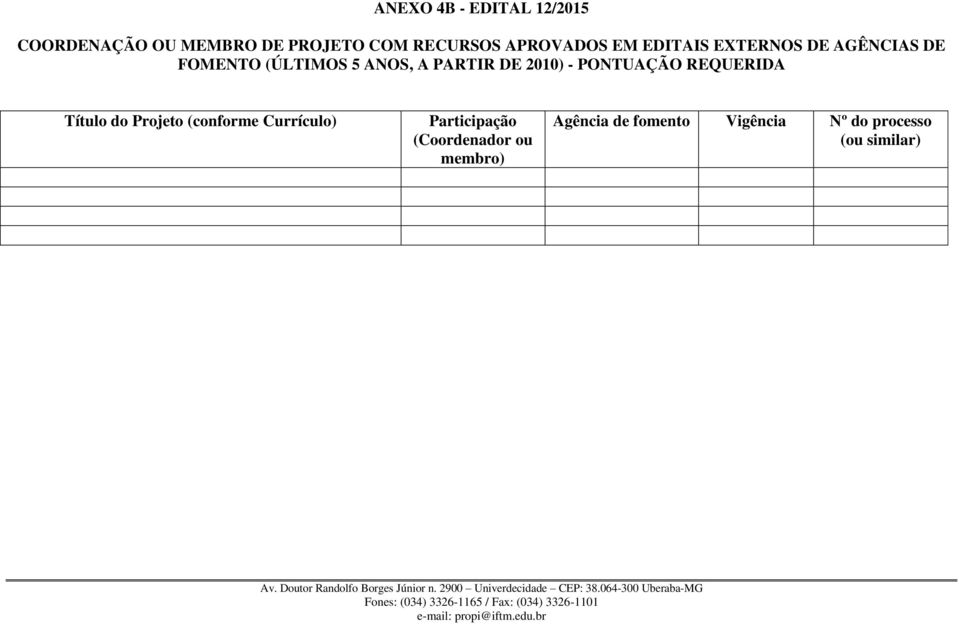 DE 2010) - PONTUAÇÃO REQUERIDA Título do Projeto (conforme Currículo)