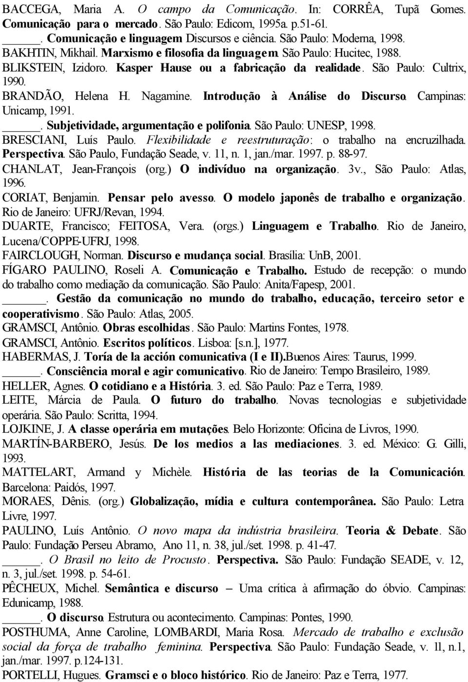 BRANDÃO, Helena H. Nagamine. Introdução à Análise do Discurso. Campinas: Unicamp, 1991.. Subjetividade, argumentação e polifonia. São Paulo: UNESP, 1998. BRESCIANI, Luís Paulo.