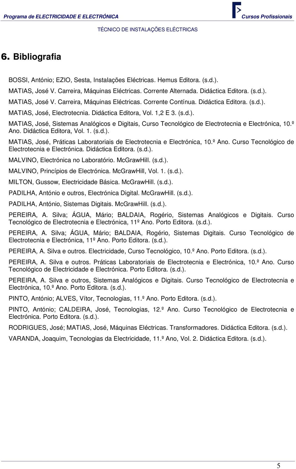 º Ano. Didáctica Editora, Vol. 1. (s.d.). MATIAS, José, Práticas Laboratoriais de Electrotecnia e Electrónica, 10.º Ano. Curso Tecnológico de Electrotecnia e Electrónica. Didáctica Editora. (s.d.). MALVINO, Electrónica no Laboratório.