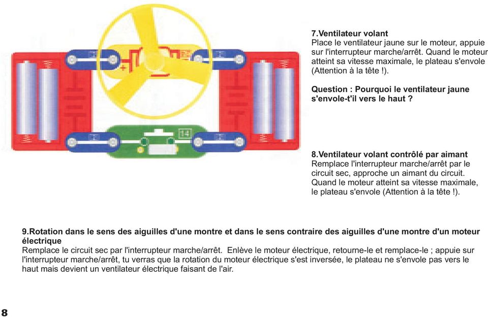 Quand le moteur atteint sa vitesse maximale, le plateau s'envole (Attention à la tête!). 9.