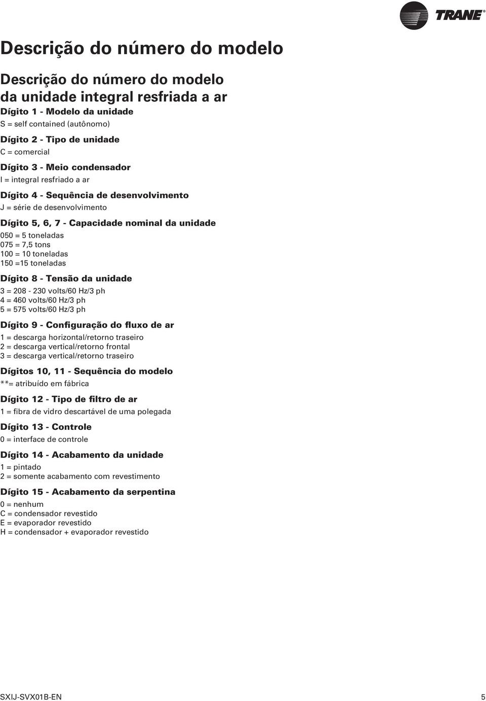 tons 100 = 10 toneladas 150 =15 toneladas Dígito 8 - Tensão da unidade 3 = 208-230 volts/60 Hz/3 ph 4 = 460 volts/60 Hz/3 ph 5 = 575 volts/60 Hz/3 ph Dígito 9 - Configuração do fluxo de ar 1 =