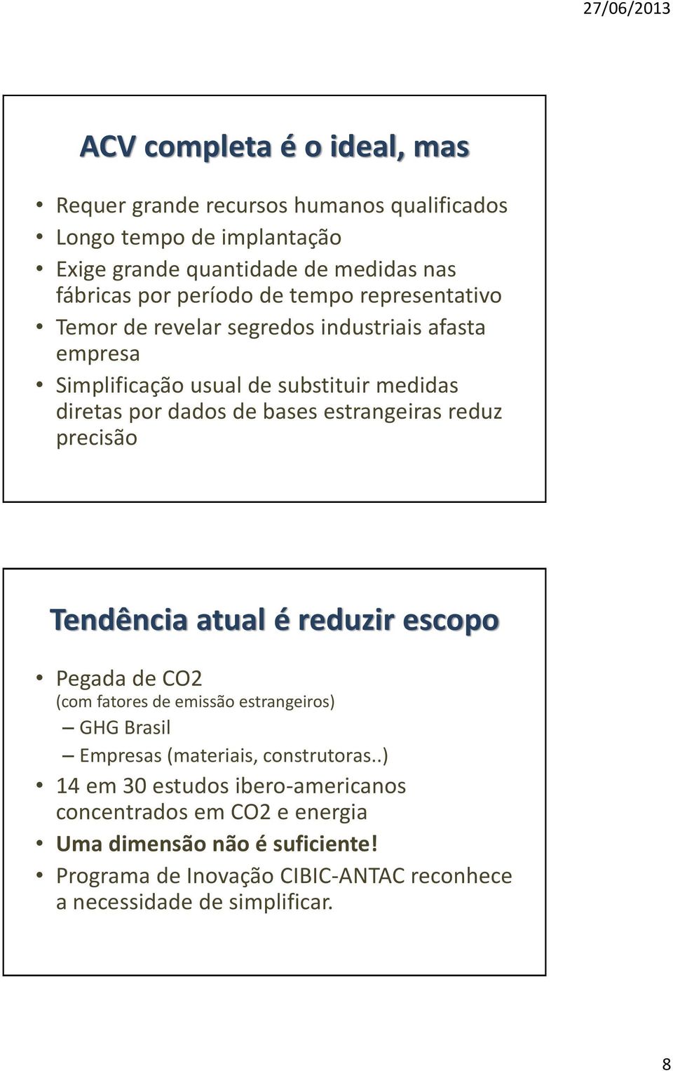 reduz precisão Tendência atual é reduzir escopo Pegada de CO2 (com fatores de emissão estrangeiros) GHG Brasil Empresas (materiais, construtoras.