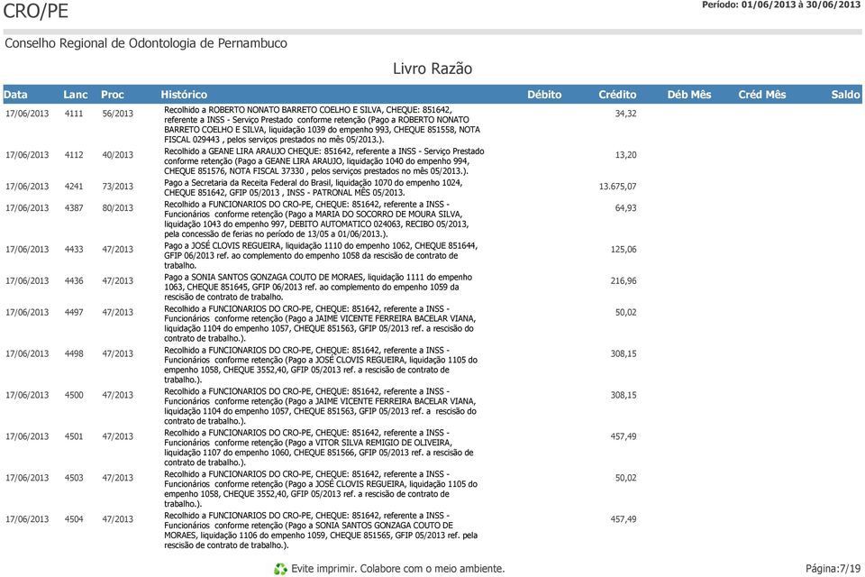 34,32 4112 40/2013 Recolhido a GEANE LIRA ARAUJO CHEQUE: 851642, referente a INSS - Serviço Prestado conforme retenção (Pago a GEANE LIRA ARAUJO, liquidação 1040 do empenho 994, CHEQUE 851576, NOTA