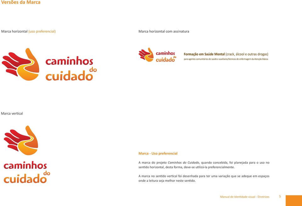 - Uso preferencial A marca do projeto Caminhos do Cuidado, quando concebida, foi planejada para o uso no sentido horizontal, desta forma, deve-se utilizá-la preferencialmente.