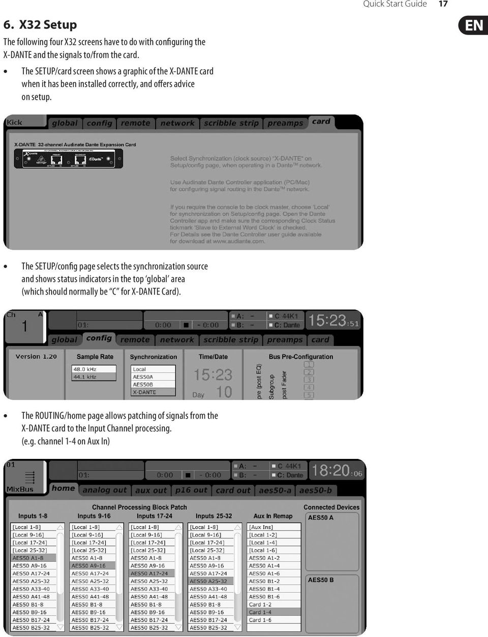 Quick Start Guide 17 The SETUP/config page selects the synchronization source and shows status indicators in the top global area (which