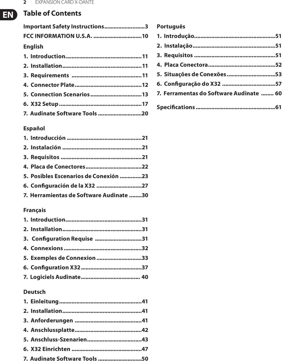 Configuração do X32...57 7. Ferramentas do Software Audinate... 60 Specifications...61 Español 1. Introducción...21 2. Instalación...21 3. Requisitos...21 4. Placa de Conectores...22 5.