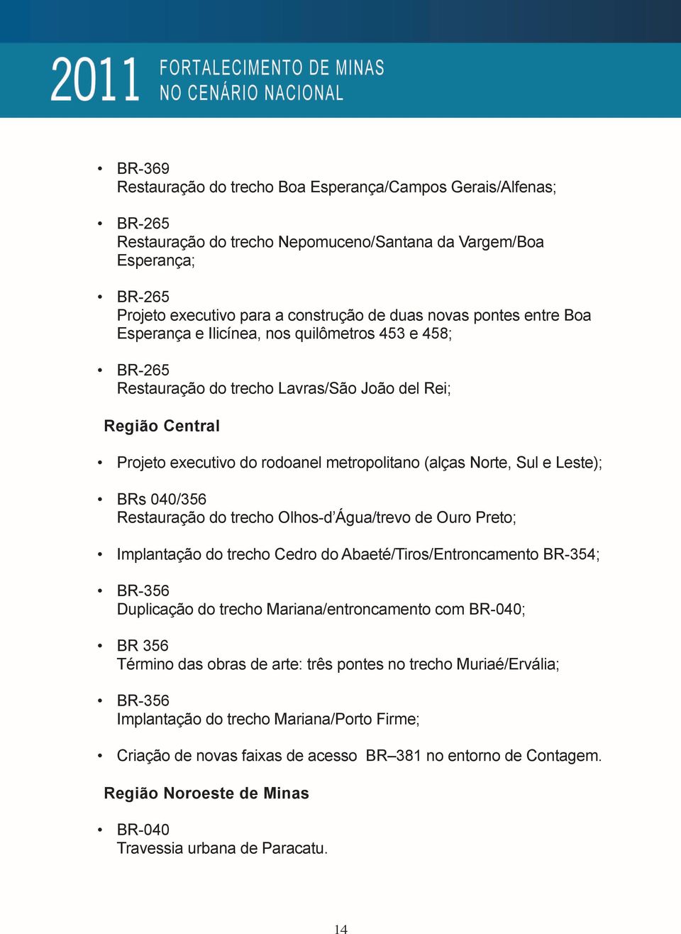 Leste); BRs 040/356 Restauração do trecho Olhos-d Água/trevo de Ouro Preto; Implantação do trecho Cedro do Abaeté/Tiros/Entroncamento BR-354; BR-356 Duplicação do trecho Mariana/entroncamento com