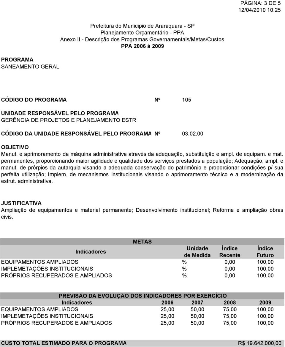 permanentes, proporcionando maior agilidade e qualidade dos serviços prestados a população; Adequação, ampl. e manut.