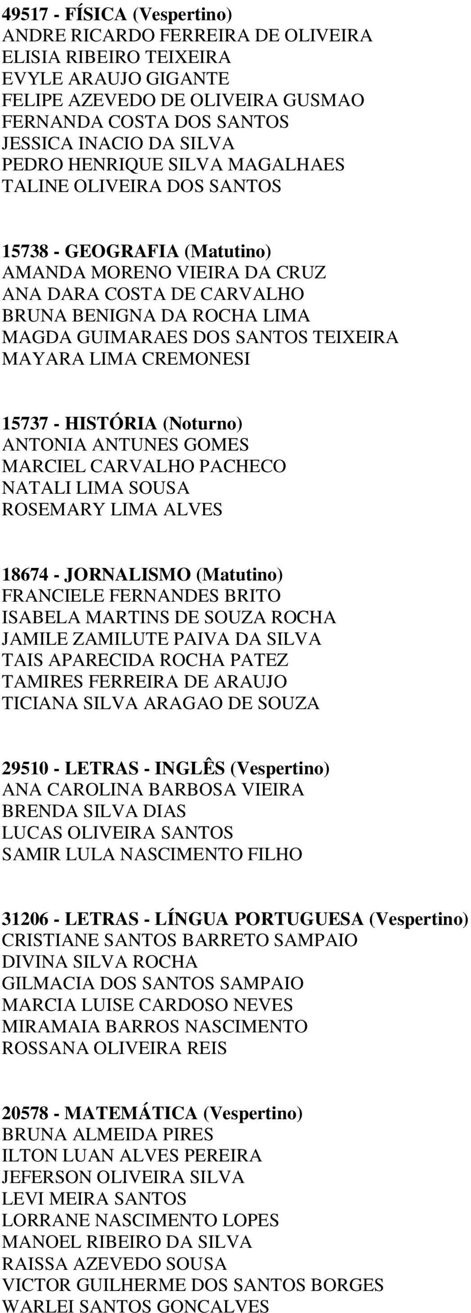 TEIXEIRA MAYARA LIMA CREMONESI 15737 - HISTÓRIA (Noturno) ANTONIA ANTUNES GOMES MARCIEL CARVALHO PACHECO NATALI LIMA SOUSA ROSEMARY LIMA ALVES 18674 - JORNALISMO (Matutino) FRANCIELE FERNANDES BRITO