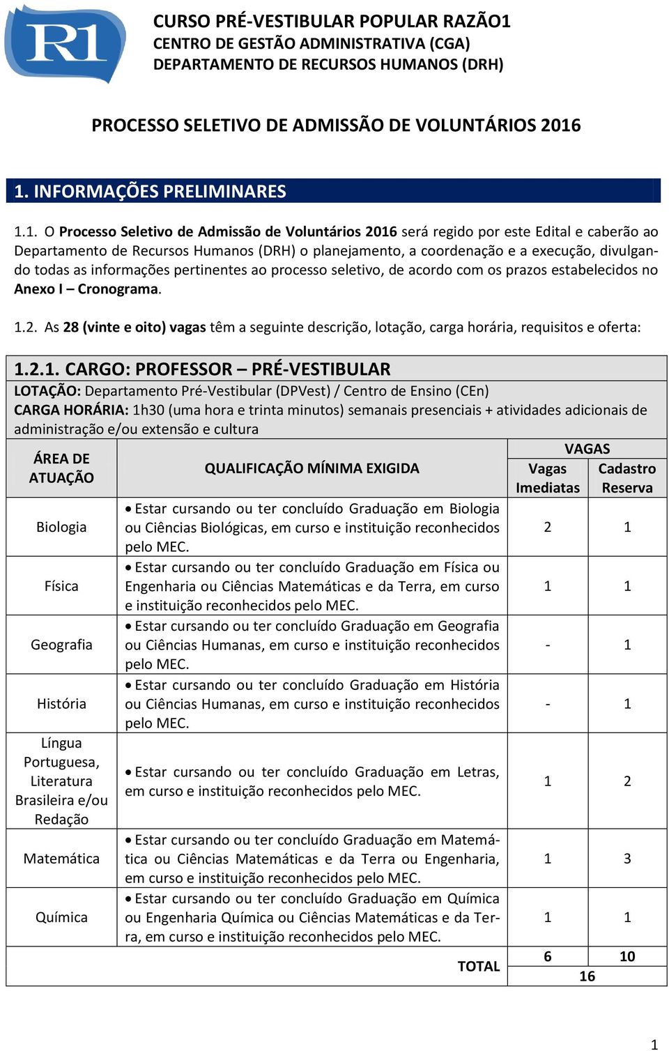 1. INFORMAÇÕES PRELIMINARES 1.1. O Processo Seletivo de Admissão de Voluntários 2016 será regido por este Edital e caberão ao Departamento de Recursos Humanos (DRH) o planejamento, a coordenação e a