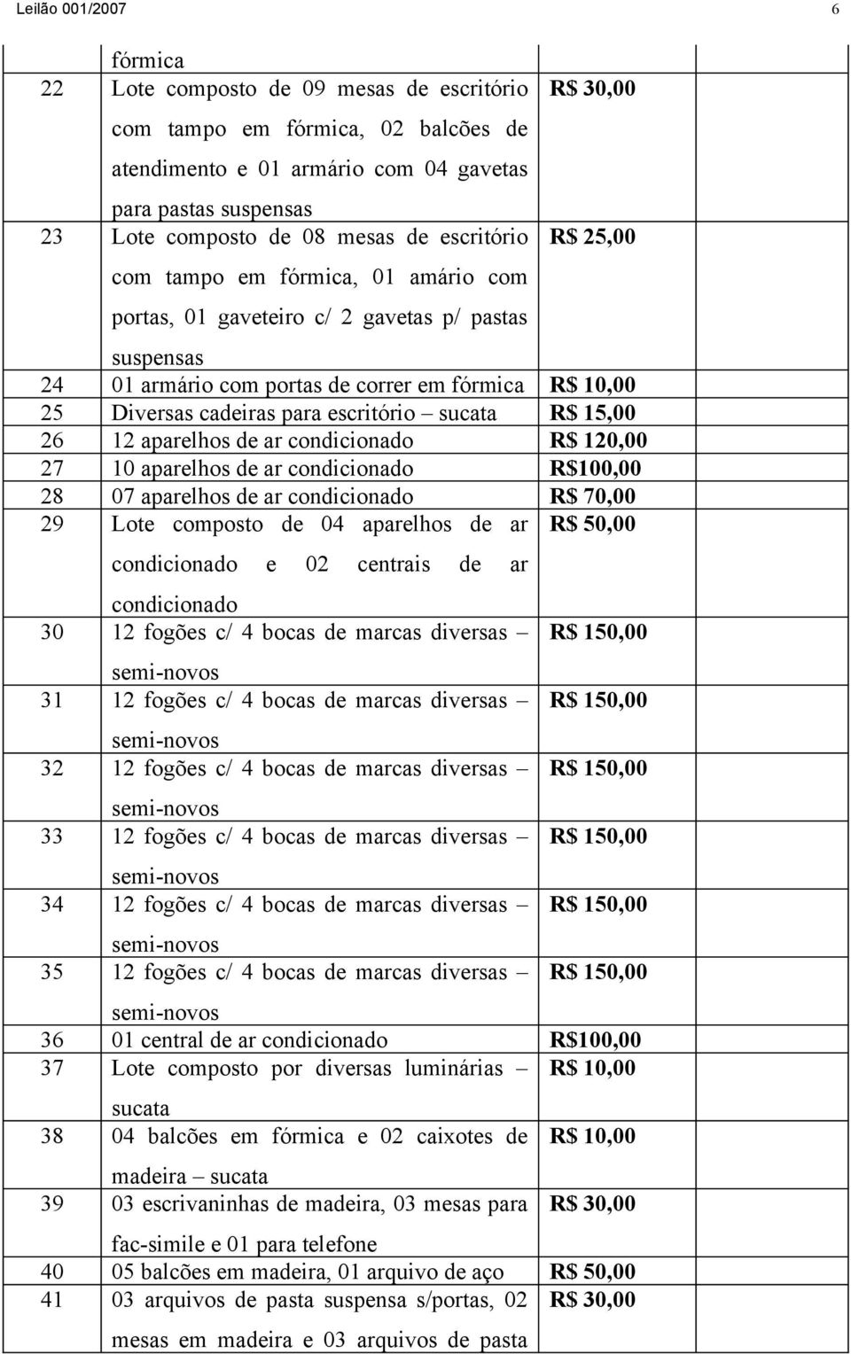 escritório sucata R$ 15,00 26 12 aparelhos de ar condicionado R$ 120,00 27 10 aparelhos de ar condicionado R$100,00 28 07 aparelhos de ar condicionado R$ 70,00 29 Lote composto de 04 aparelhos de ar