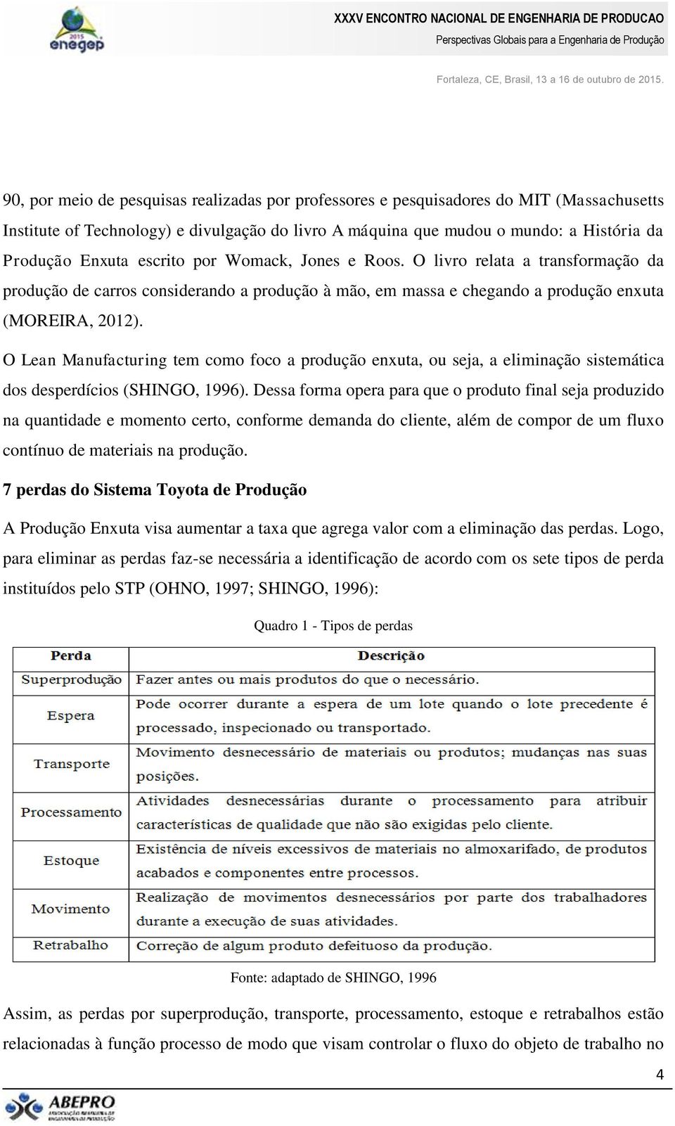 O Lean Manufacturing tem como foco a produção enxuta, ou seja, a eliminação sistemática dos desperdícios (SHINGO, 1996).