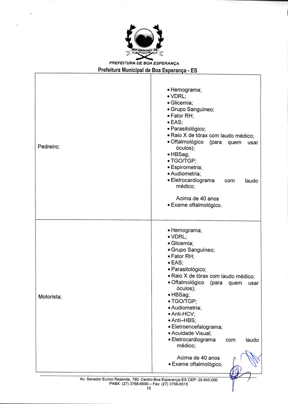 Motorista; Hemograma; VDRL; Glicemia; Grupo Sanguíneo; Fator RH; EAS; Parasitológico; Raio X de tórax com laudo médico; Oftalmológico (para quem usar