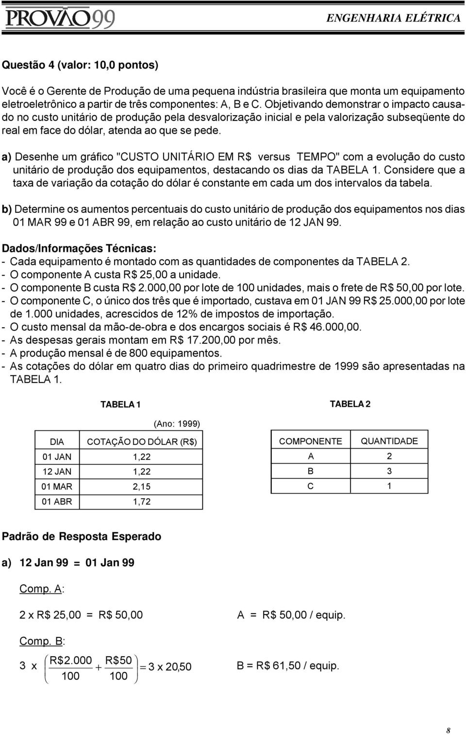 a) Desenhe um gráco "CUSTO UNITÁRIO EM R$ versus TEMPO" com a evolução do custo untáro de produção dos equpamentos, destacando os das da TABELA.