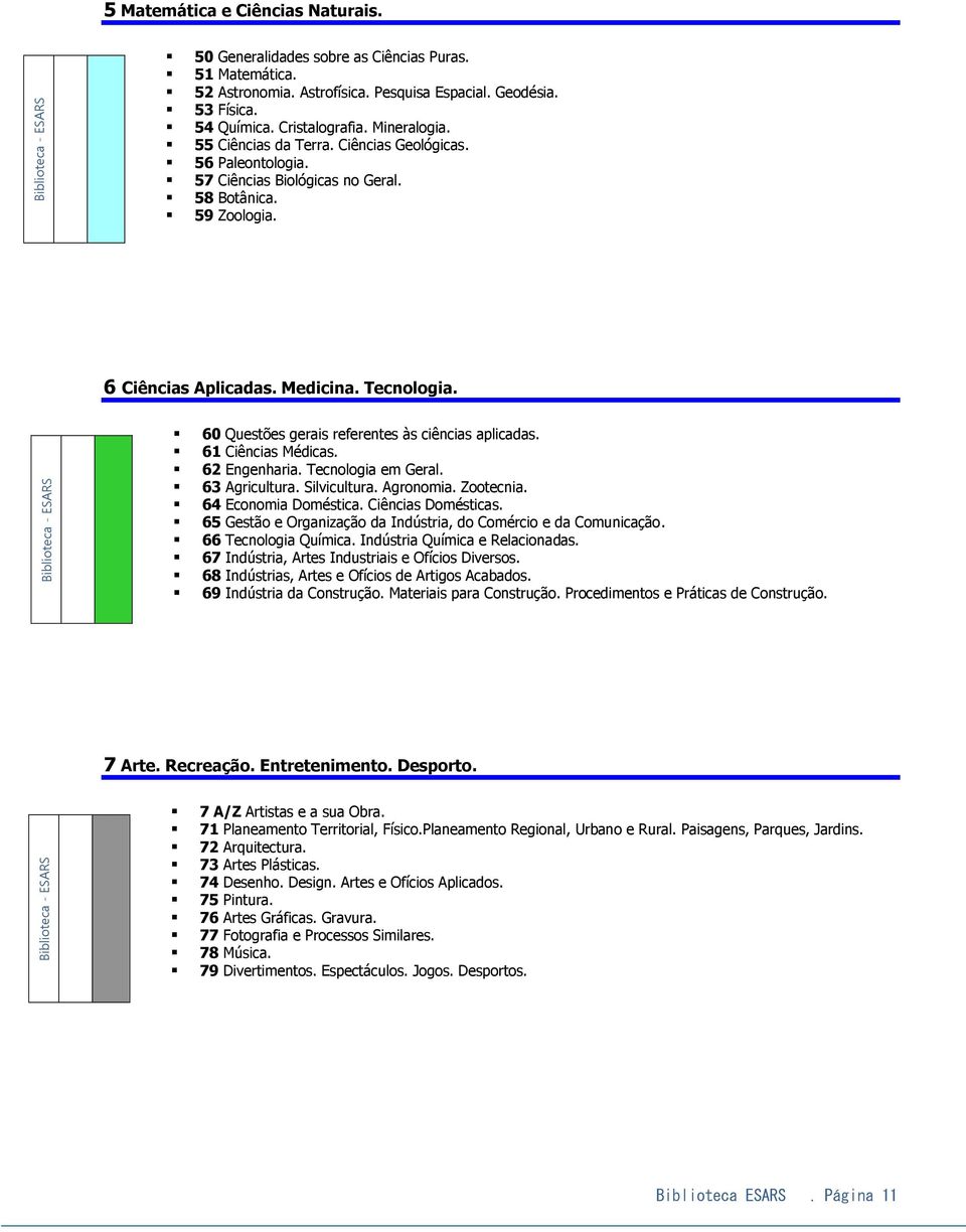 60 Questões gerais referentes às ciências aplicadas. 61 Ciências Médicas. 62 Engenharia. Tecnologia em Geral. 63 Agricultura. Silvicultura. Agronomia. Zootecnia. 64 Economia Doméstica.