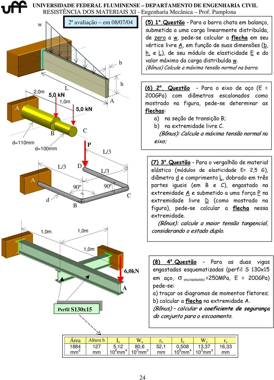 elasticiae E e o valor máximo a carga istribuía w. (ônus) alcule a máxima tensão normal na barra. 2,0m L =110mm =100mm L/3 h (6) 2 a.