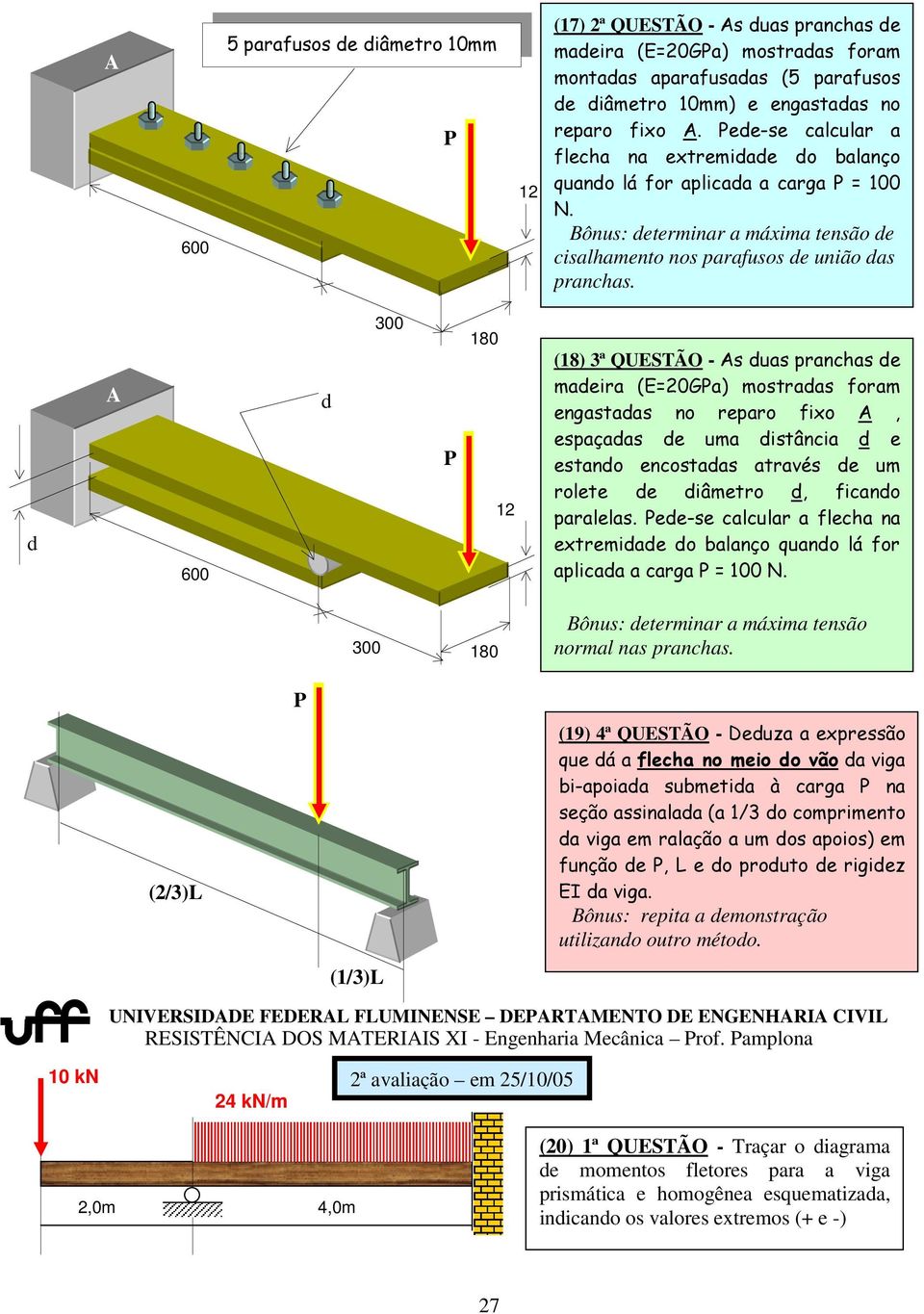 600 300 180 12 (18) 3ª QUESTÃO - s uas pranchas e maeira (E=20Ga) mostraas foram engastaas no reparo fixo, espaçaas e uma istância e estano encostaas através e um rolete e iâmetro, ficano paralelas.