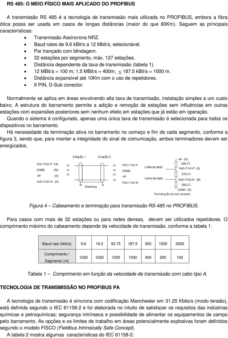 127 estações. Distância dependente da taxa de transmissão (tabela 1). 12 MBit/s = 100 m; 1.5 MBit/s = 400m; < 187.5 kbit/s = 1000 m. Distância expansível até 10Km com o uso de repetidores.