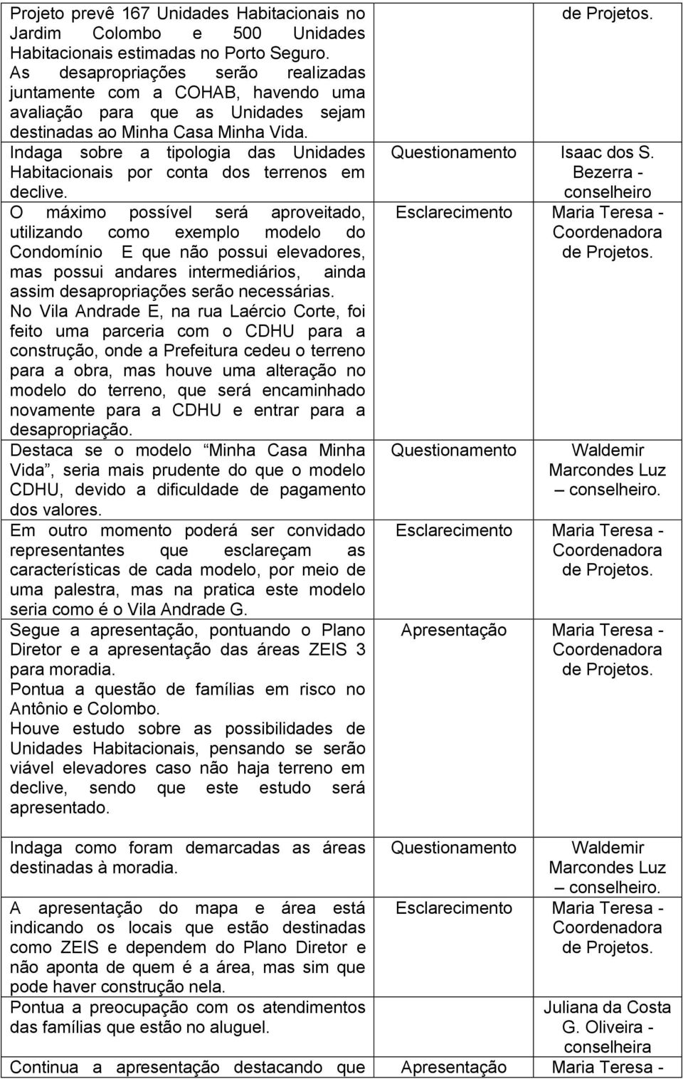 Indaga sobre a tipologia das Unidades Habitacionais por conta dos terrenos em declive.