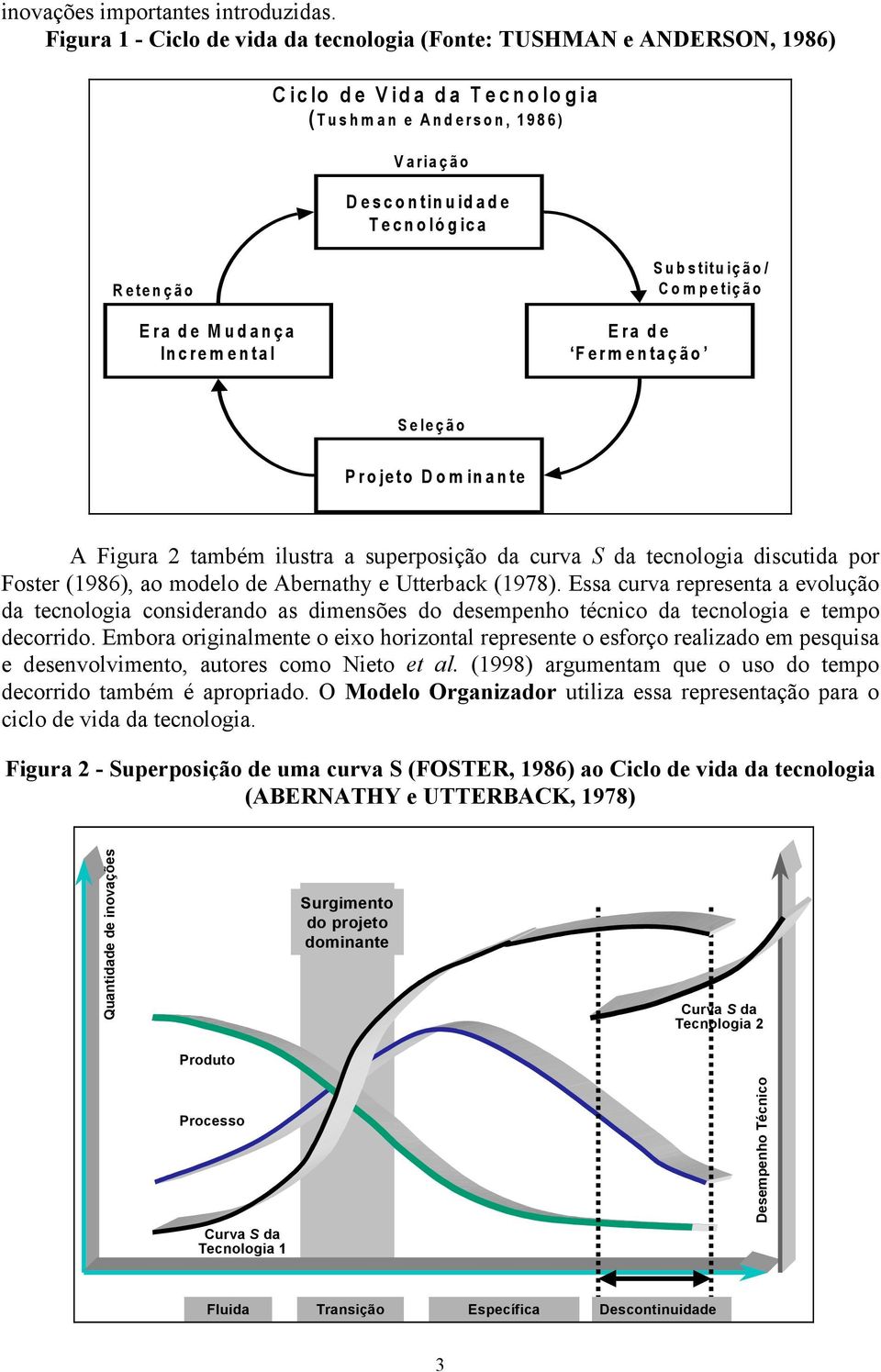 Incremental Substituição/ Competição Era de Fermentação Seleção Projeto Dominante A Figura 2 também ilustra a superposição da curva S da tecnologia discutida por Foster (1986), ao modelo de Abernathy