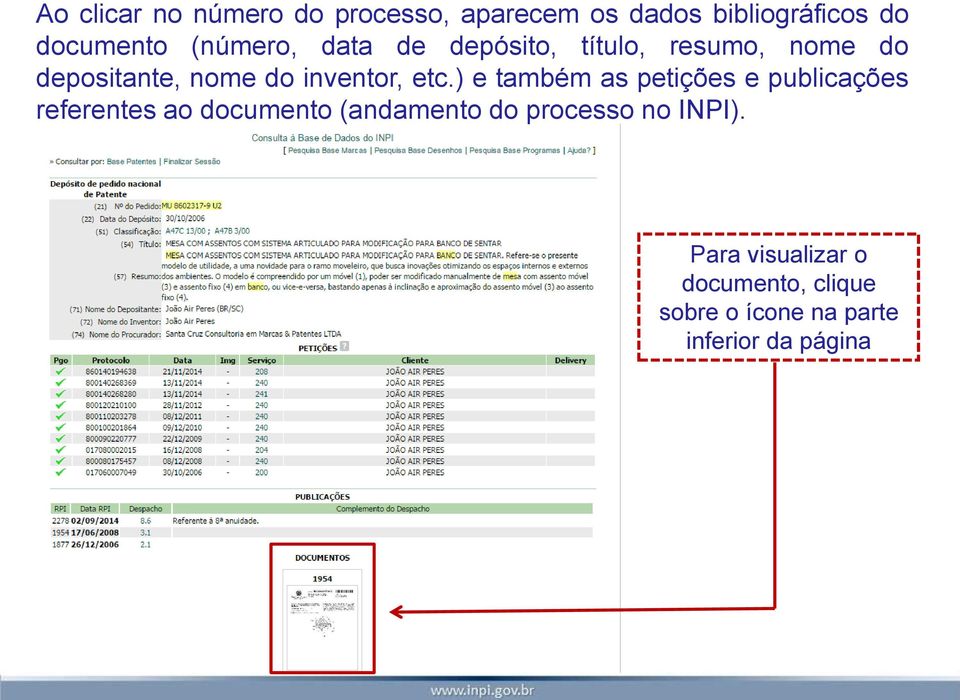 etc.) e também as petições e publicações referentes ao documento (andamento do