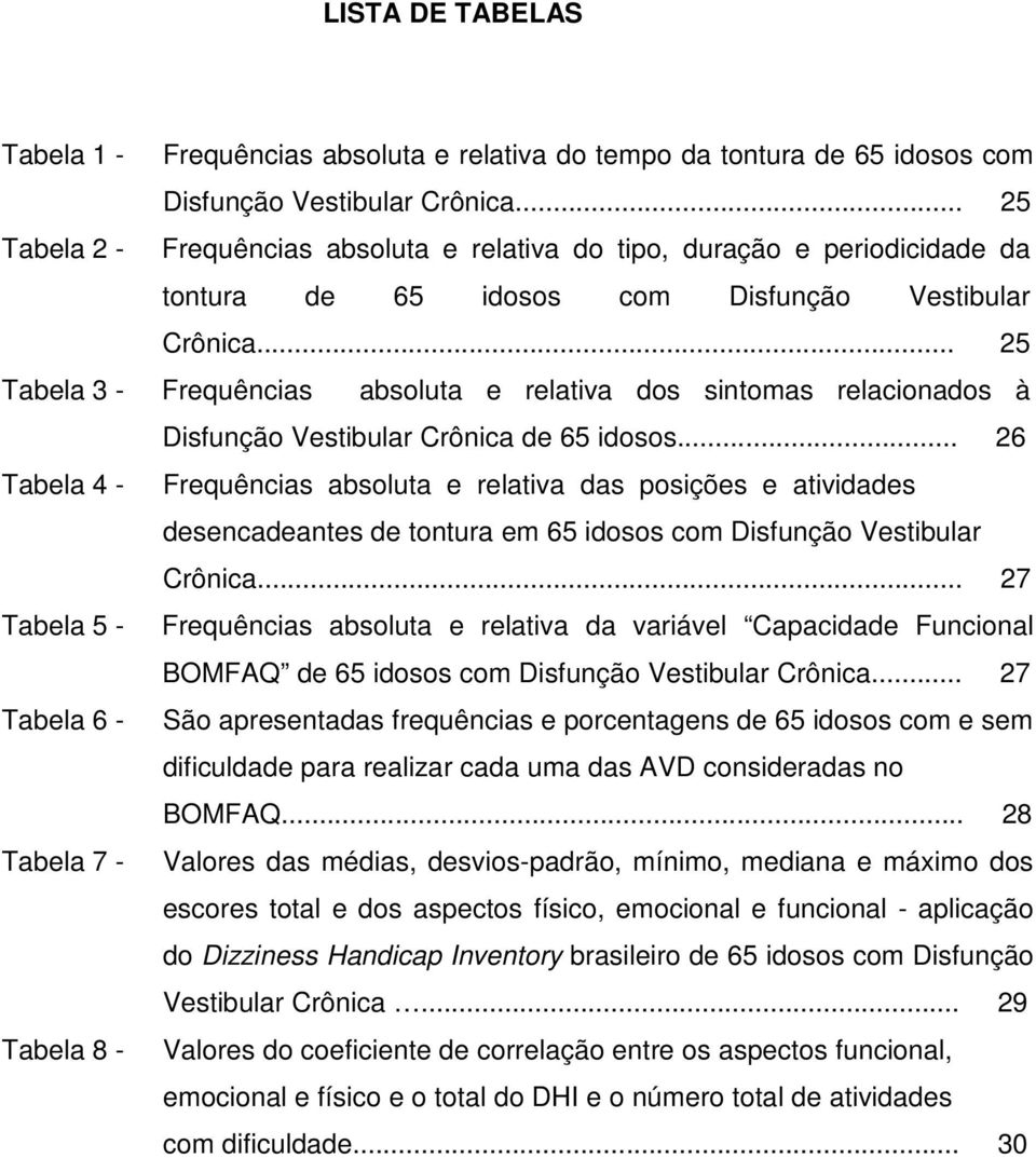 .. 25 Tabela 3 - Frequências absoluta e relativa dos sintomas relacionados à Disfunção Vestibular Crônica de 65 idosos.