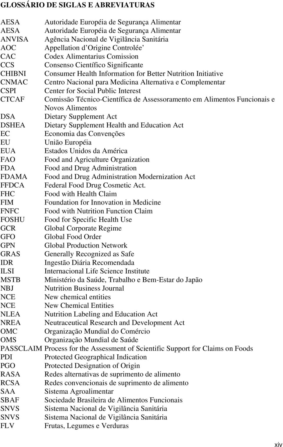 Alternativa e Complementar CSPI Center for Social Public Interest CTCAF Comissão Técnico-Científica de Assessoramento em Alimentos Funcionais e Novos Alimentos DSA Dietary Supplement Act DSHEA