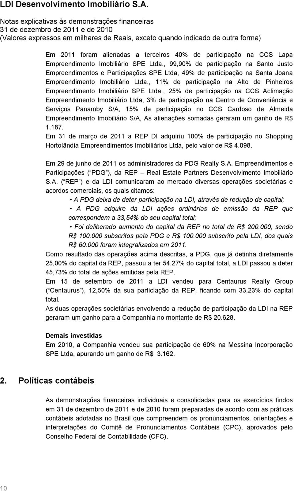 , 11% de participação na Alto de Pinheiros Empreendimento Imobiliário SPE Ltda.