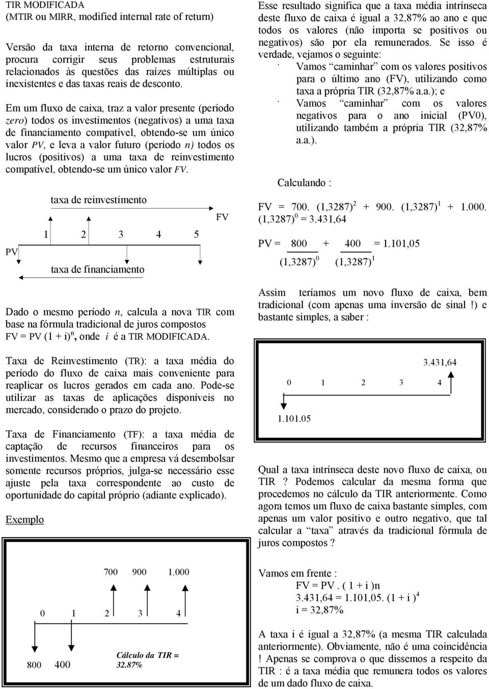 Em um fluxo de caixa, traz a valor presete (período zero) todos os ivestimetos (egativos) a uma taxa de fiaciameto compatível, obtedo-se um úico valor V, e leva a valor futuro (período ) todos os