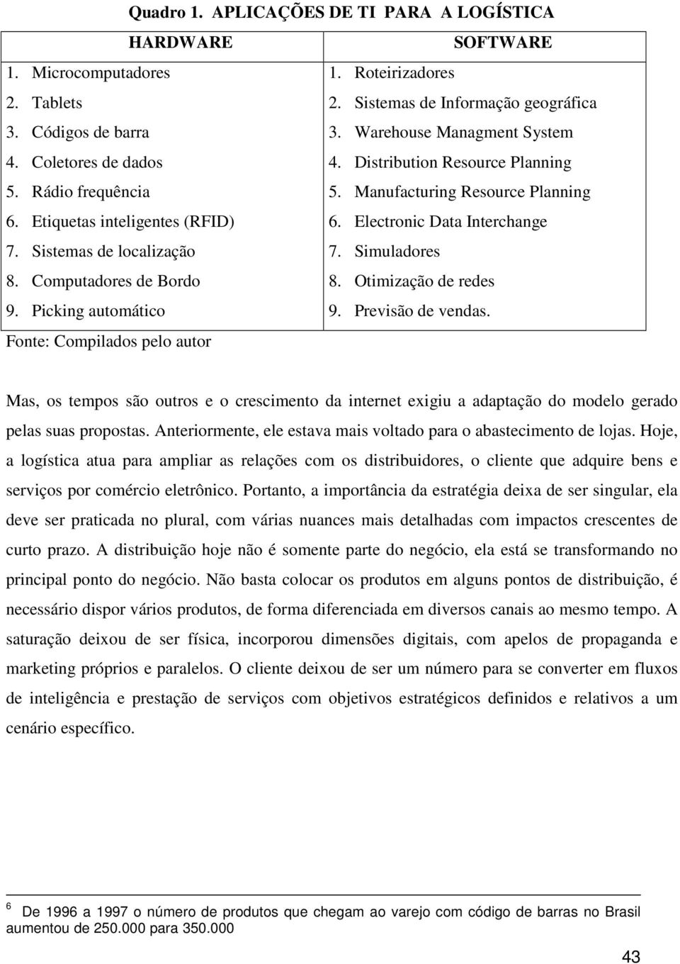 Electronic Data Interchange 7. Sistemas de localização 7. Simuladores 8. Computadores de Bordo 8. Otimização de redes 9. Picking automático 9. Previsão de vendas.